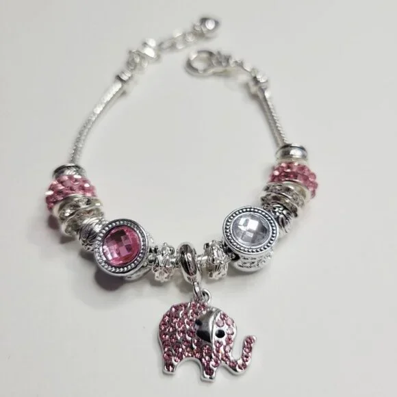 NWT Pandora Style Charm Bracelet Sparkling Pink Elephant Glittering Rhinestones - Picture 1 of 7